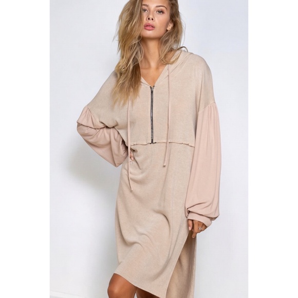 POL Dresses & Skirts - POL Mocha Beige Half Zip Long Sleeve Knit Slouchy Hoodie Dress